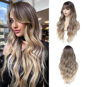 26 Inch Curly Wavy withBangs Natural Looking Synthetic Heat Resistant Fiber Wig